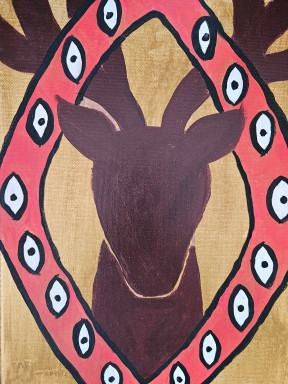 painting of a stag's head in silhouette surrounded by a mandorla with several open eyes on it